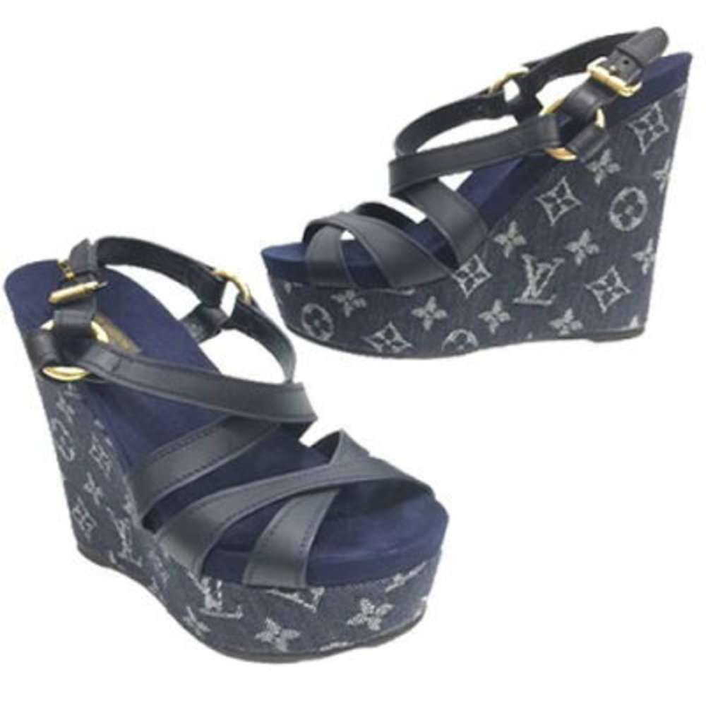 Louis Vuitton Sandals Wedge Denim Ocean Mules - Picture 1 of 9